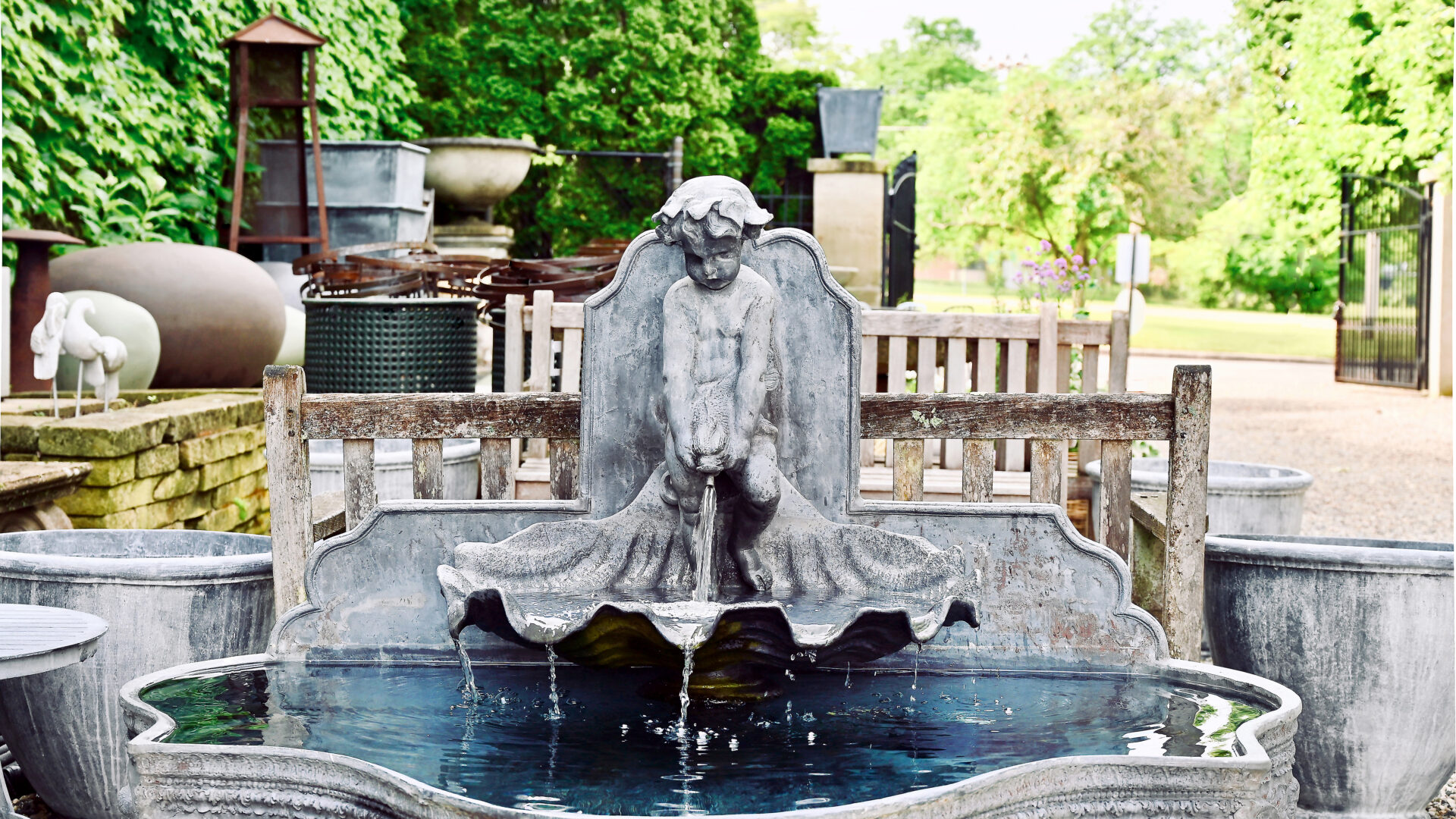 English Lead Dolphin Boy Fountain with Cascading Shell - Detroit Garden Works
