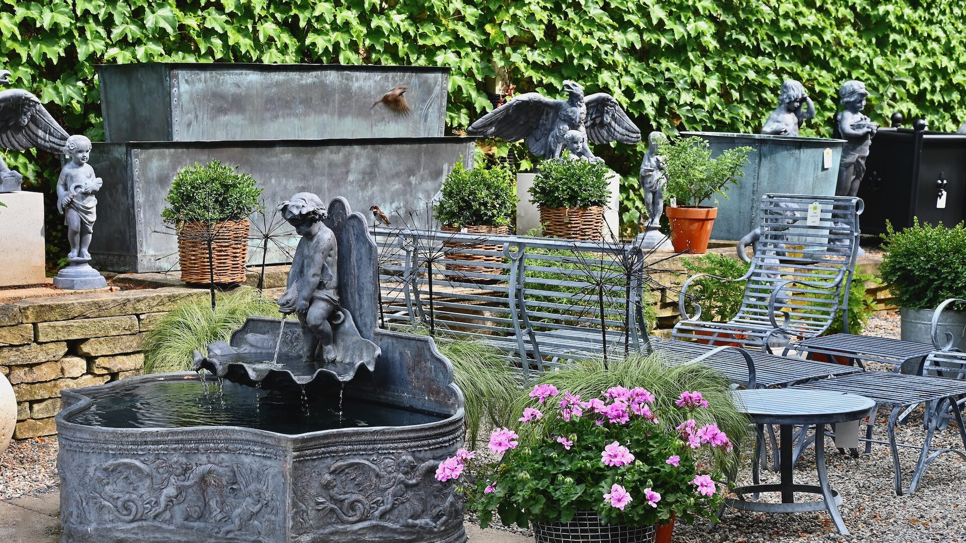 Dolphin Boy with Shell and Serpentine Cistern - Detroit Garden Works