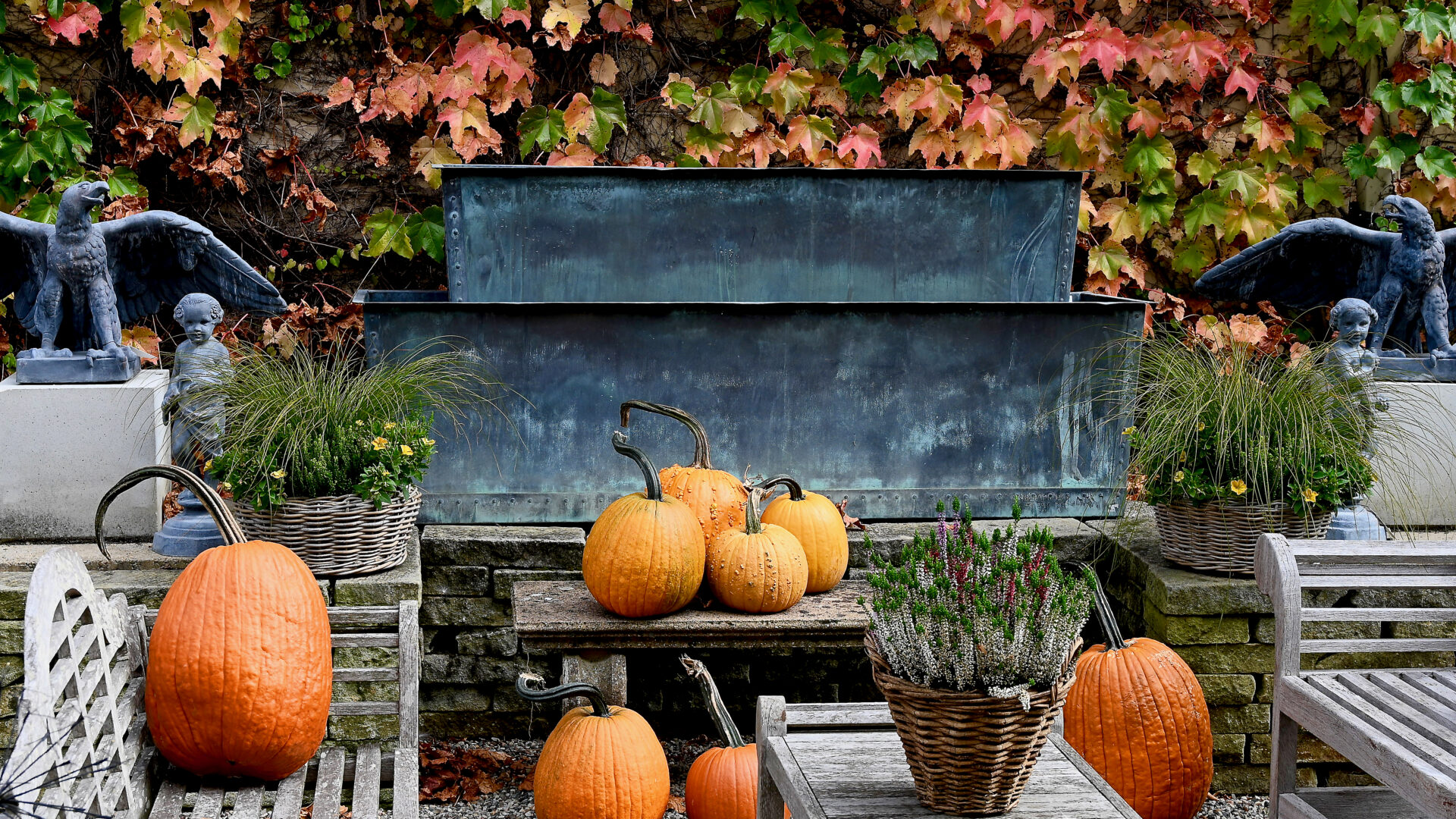 Beautiful Texture & Surface - An English Cast Stone Bench with Pumpkins - Detroit Garden Works
